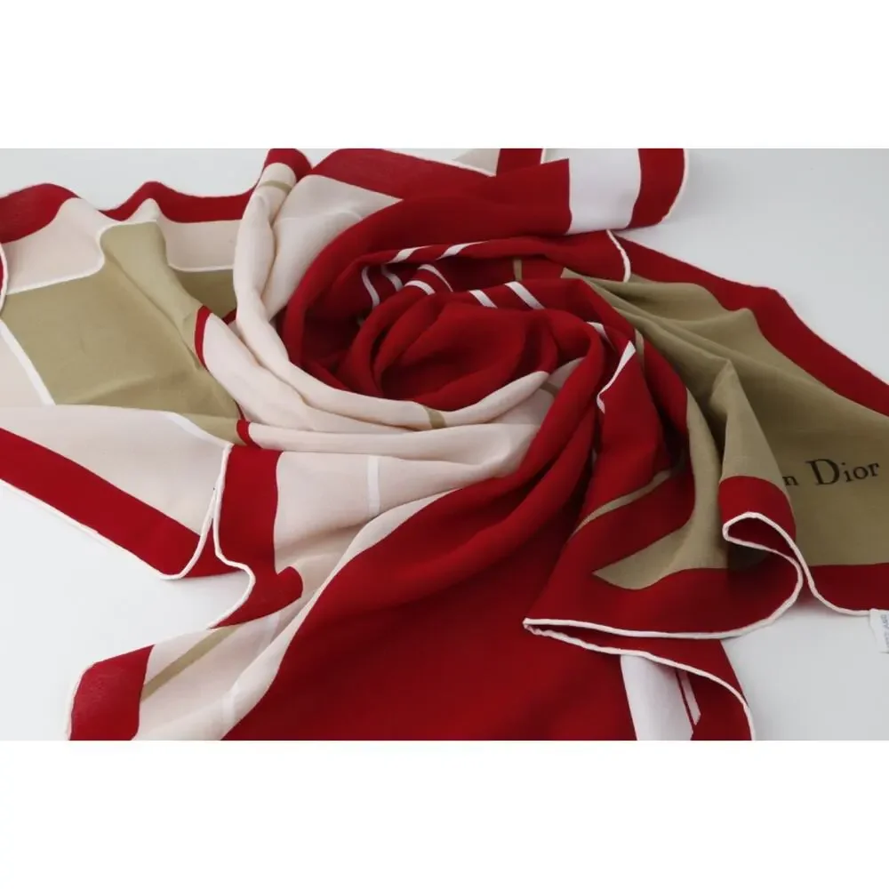 Vintage Christian Dior Silk Square Scarf Beige Tan Red Border White Stripe Logo
